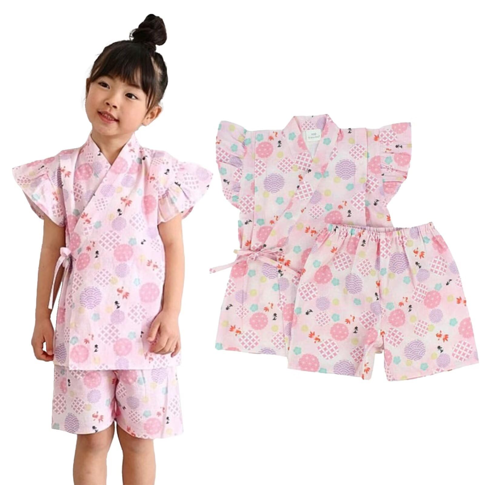 

Kids Jinbei summer Short Japanese Fireworks Evening [Dizoon] Girls (Japanese wear) Set, 100% Cotton, Sleeves, Shorts, Lightweight, Breathable,