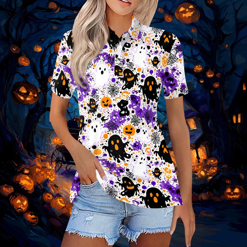 Women's Short Sleeve Button Down Collared Top with Halloween Print - Casual Fashion Blouse with Side Slits