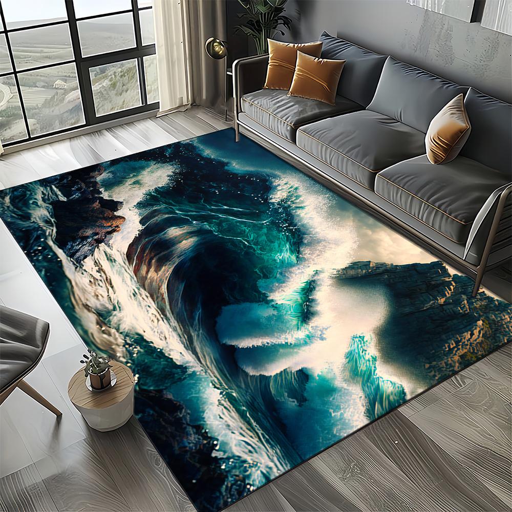 2025 New Style Blue Green Seawater Sea Wave Scenery Carpet Rug for Living Room Bedroom Home Sofa Decoration,Non-slip Floor Mat