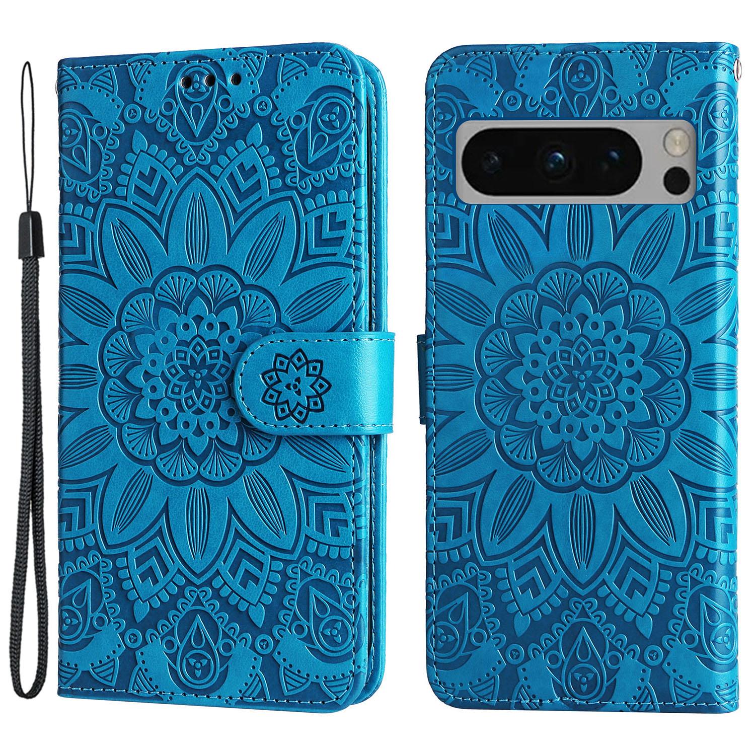 

For Google Pixel 8 Pro Imprinted Sunflower Phone Case PU Leather Wallet Stand Cover Blue