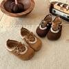 Girls French Lace Trim Bogan Shoes 2026 Vintage Princess Flat Soft Sole PU Leather Toddler Kids Slip-On