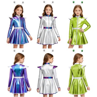 Girls Halloween Alien Costume Long Sleeve Zip Up A Line Dress Belt Hair Hoop Shiny Metallic Robot Outer Space Costume for Party
