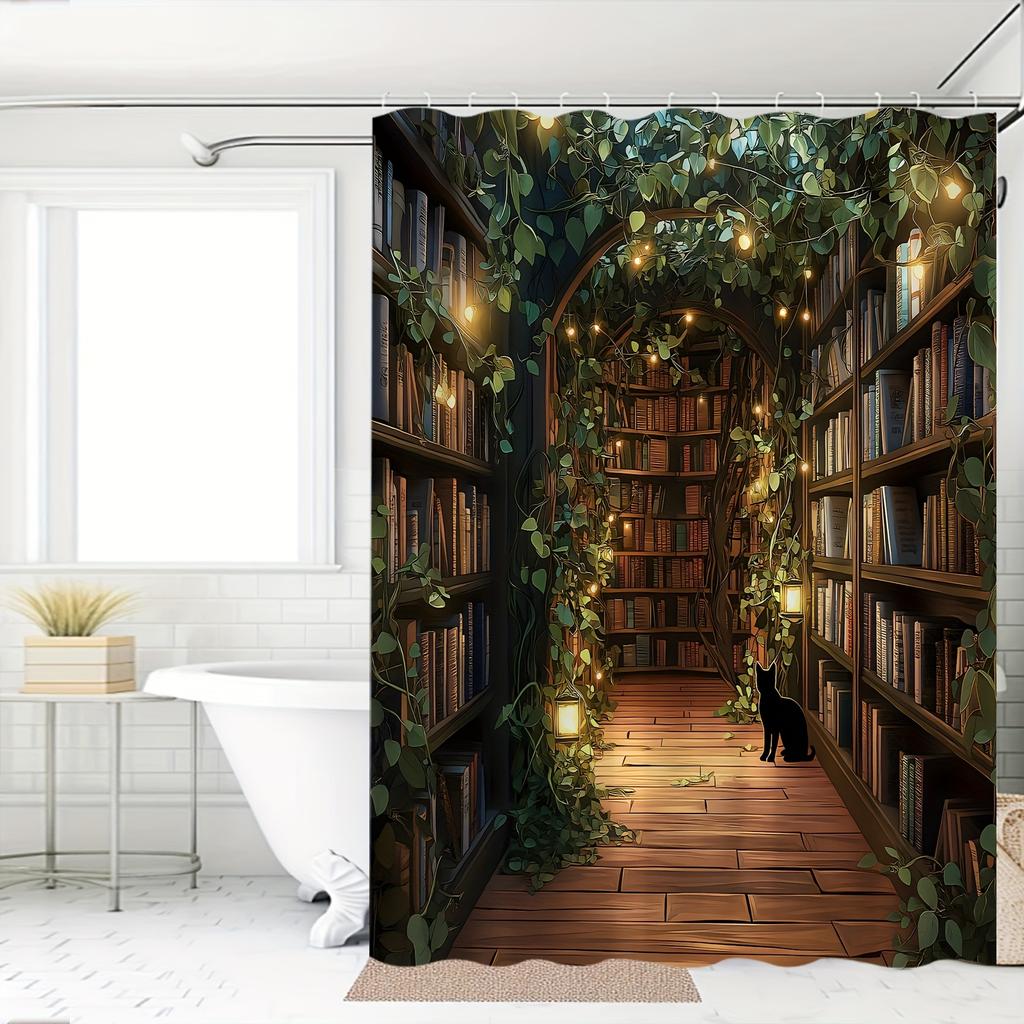 Black Cat Magic Library Shower Curtain - 100% Polyester, Cartoon Pastoral Theme, Greenery, Machine Washable, Grommet Top