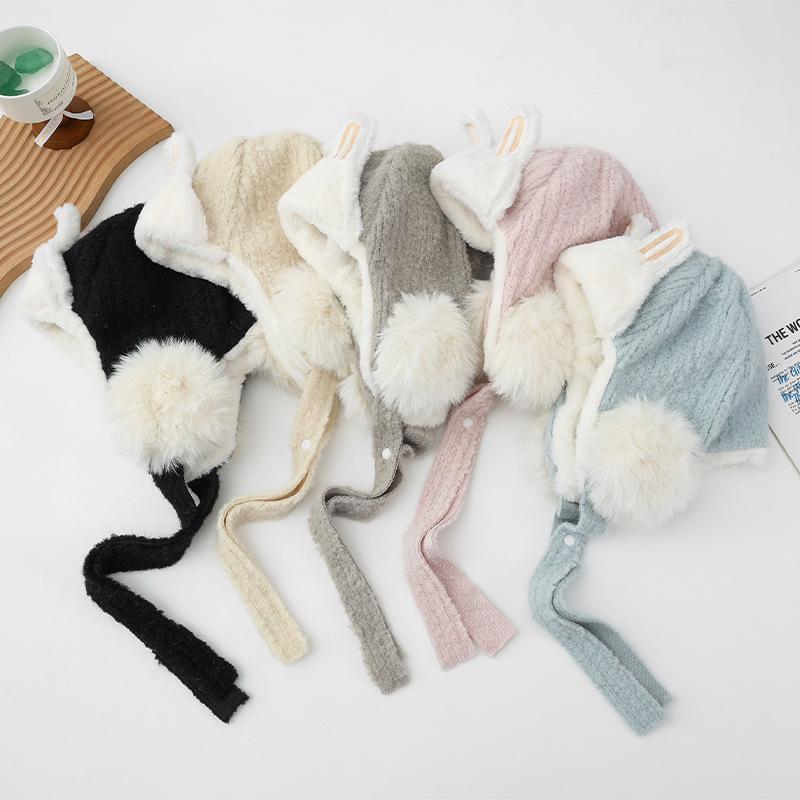 Sweet and Versatile Three dimensional Rabbit Ear Plush Lei Feng Hat Autumn and Winter Outdoor Leisure Windproof Ear Protection Hat Cute Warm Hat