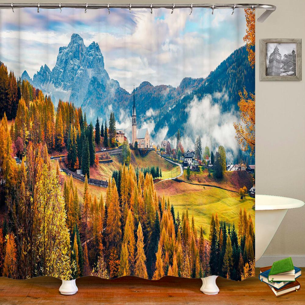 3D Printed Natural Mountains Forest Landscape Shower Curtain Polyester Fabric Waterproof Bathroom Curtains With Hooks 180*180