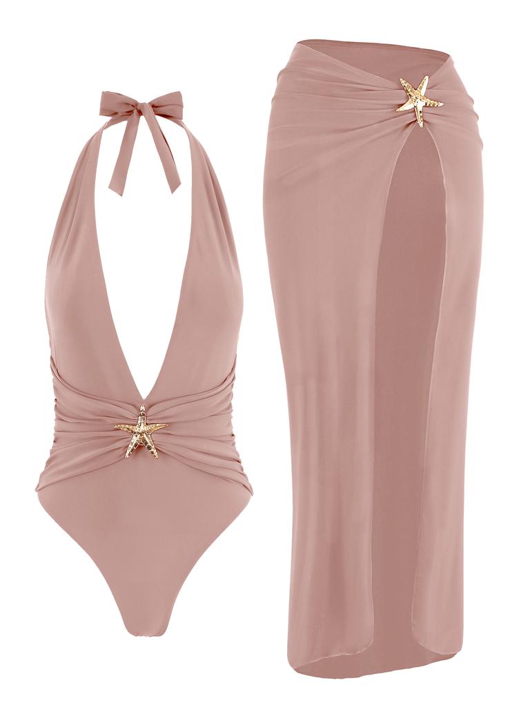 Women's Sexy Halter One Piece Swimsuit Wrap Half Skirt Beach Cover Up 2026 Holiday Chic High Cut Out Swimwear Two-piece Set K59