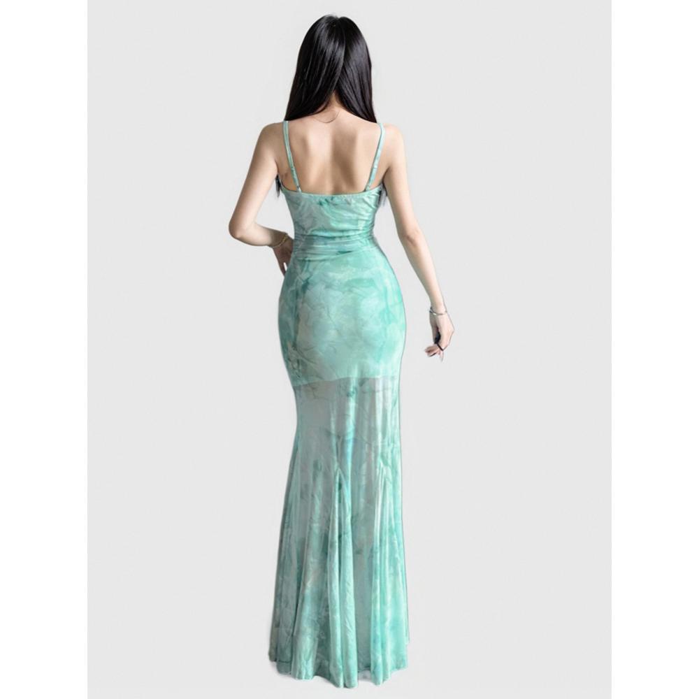 Retro Vacation Wind Beach Photo Mesh Suspender Dress Spring and Summer Waist Hip Wrap Fishtail Long Skirt