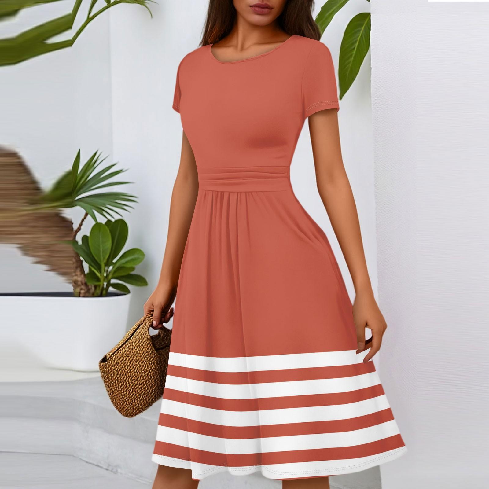 

Women s Casual Fashion Round Neck Pleated Short Sleeve Striped Printed A-Line Midi Dress S шафрановий