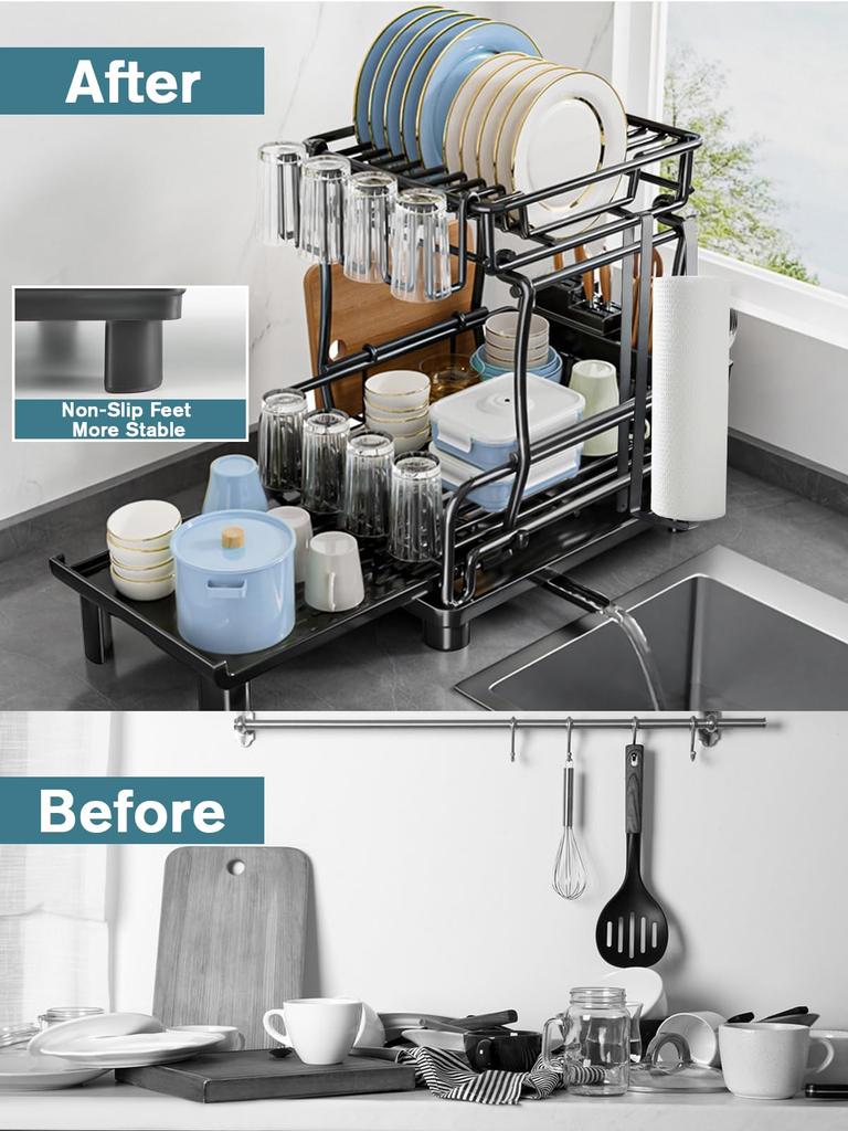 Dish dish drying kitchen counter dish 69 x 30 x expandable width 2 tiers drainer, rack, drainer, 39.5 cm, 42-69 cm, black,