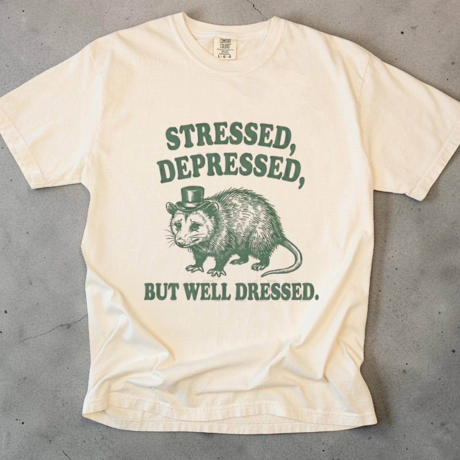Possum Shirt, Stressed Depressed But Well Dressed, Funny Opossum Tee, Unisex Meme Shirt, Comfort Colors, Sarcastic T shirt, Unhinged Gift 2XL