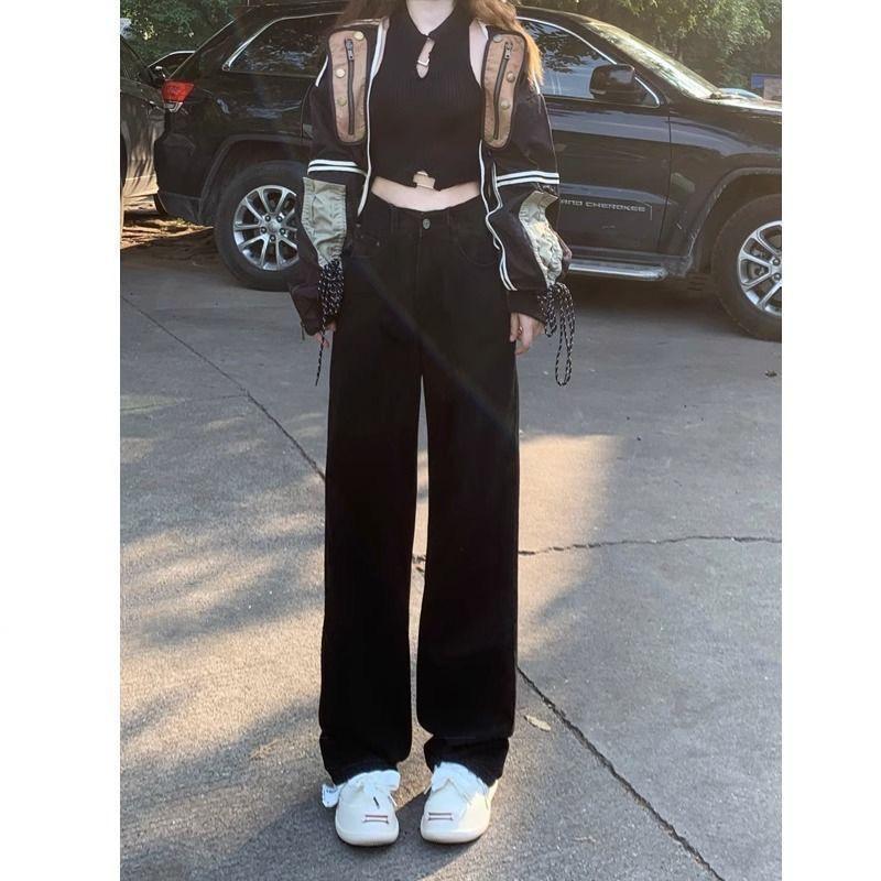 

Women s High-Waisted Straight Leg Jeans - Black, Slimming, Versatile, Casual Fit for Spring/Autumn 2024 Medium