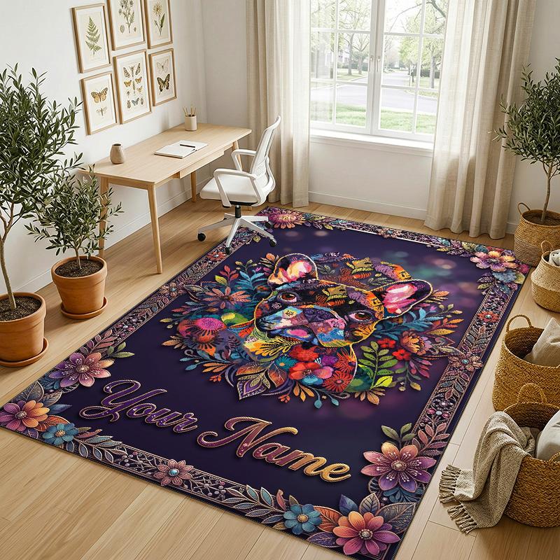 Dog Theme Crystal Velvet Rug Personalized Custom Name Text Soft Floor Mat Home Decor