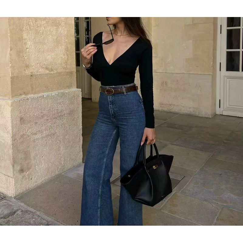 Spring New Women's Clothing French Vintage Style Fashion All-Match High Waist Stretch Nautica Style Micro-Pull Denim Pants