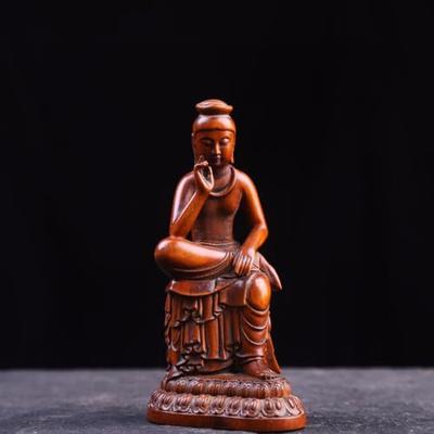 Wooden Buddha Statue "Maitreya Bodhisattva" 12.5cm, Boxwood, Half-seated, Pensive, Antique Finish