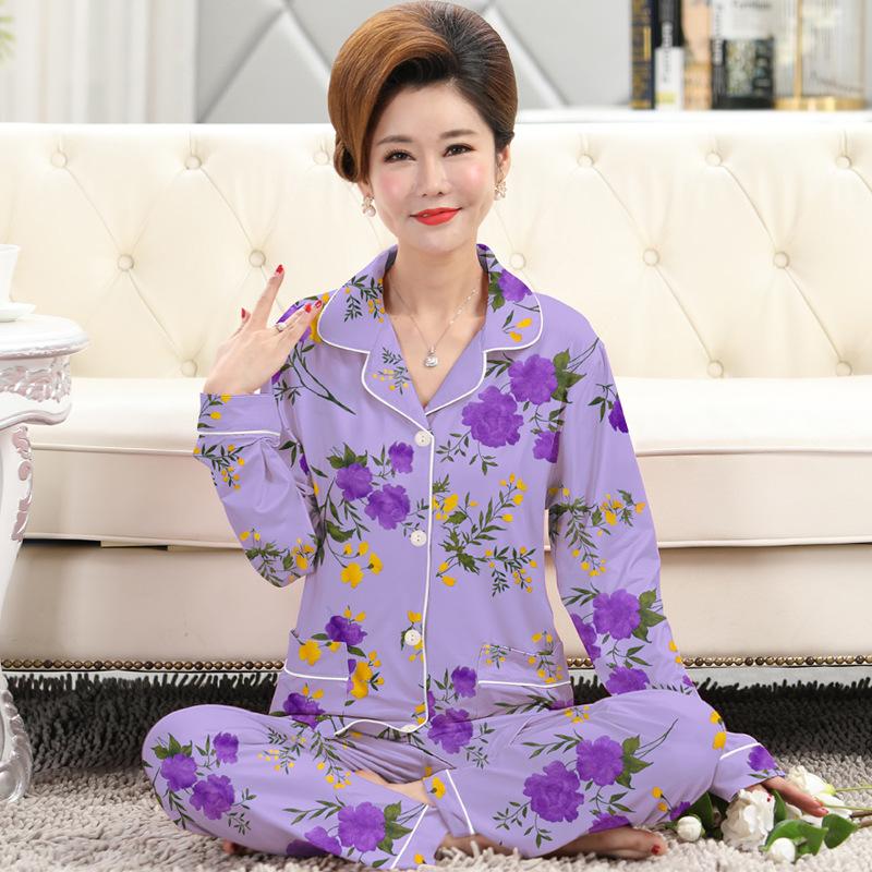 

Пижама женская из искусственного хлопка, весенне-осенняя, с длинным рукавом, средней длины, тонкая, для женщин среднего и пожилого возраста, больших размеров, комплект домашней одежды 3XL [recommended 145-77.5 kg]