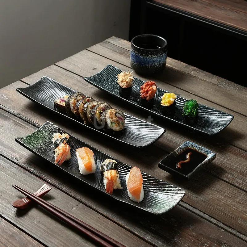 Rechteckiger Sashimi-Teller Kalte Speise Keramikscheibe Vintage Restaurant Spezieller langer Teller für japanisches Sushi Kochkreativer Teller