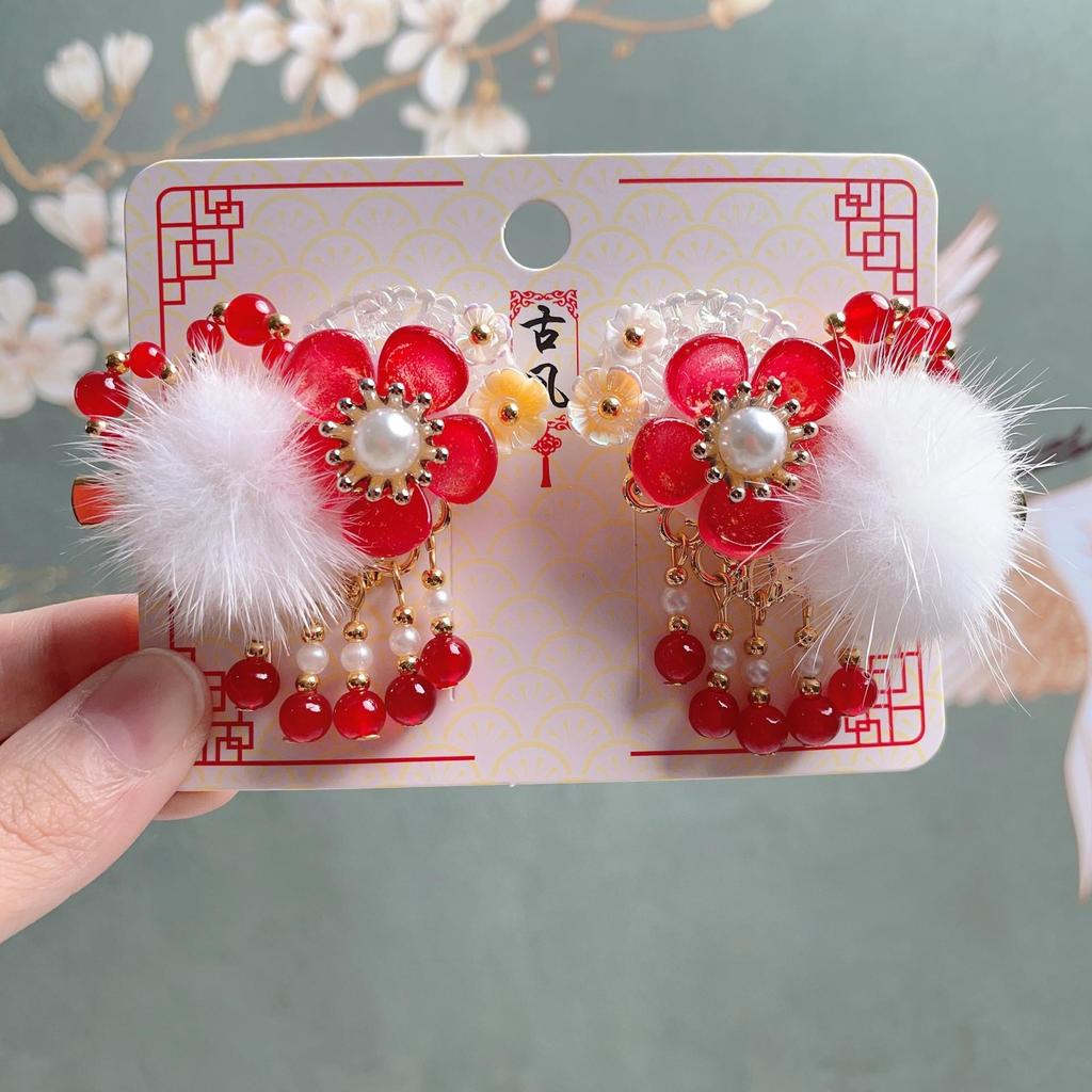 Red New Year Hanfu Hair Clips for Girls - Chinese Style Floral Headwear