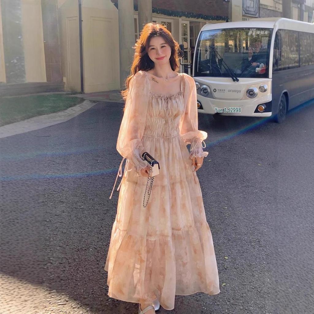 Women's Floral Chiffon Puff Sleeve Dress - French Square Neck, Spring/Autumn Fairy Mori Girl Style