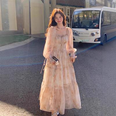 Women's Floral Chiffon Puff Sleeve Dress - French Square Neck, Spring/Autumn Fairy Mori Girl Style