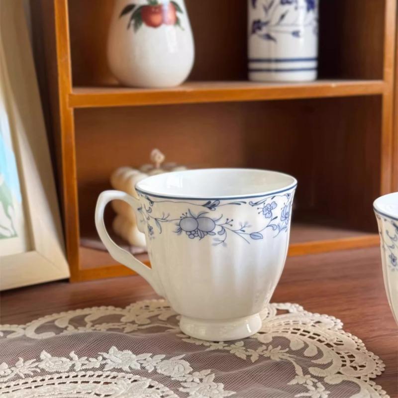 Vintage Blue Small Floral Bone China Cup 250ml - Vertical Pattern Ceramics Coffee Cup ,Tea Cup, Microwave Safe Tableware