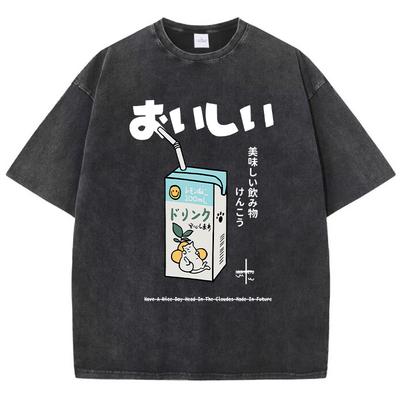 T-shirt Casual Feminina de Algodão Lavado Estampa de Desenho Animado de Bebida Manga Curta Solta Gola O Roupa Feminina Vintage