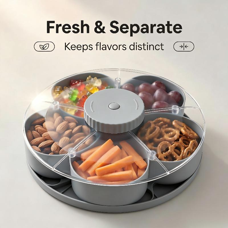 6 Compartment Rotating Serving Tray BPA Free Snacks Fruit Candy Platter For Home Party Kitchen Countertop