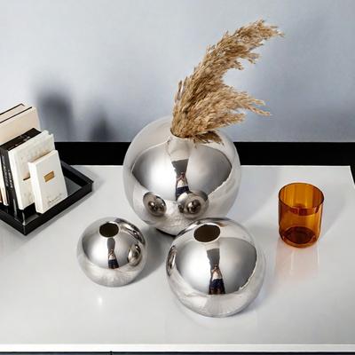 Luxuriöse Galvanisierte Silberkugel Keramikvase Wohnzimmer Esstisch Kunstvase Pflanze Blume Blumenarrangement Arbeitsplatte Ornament
