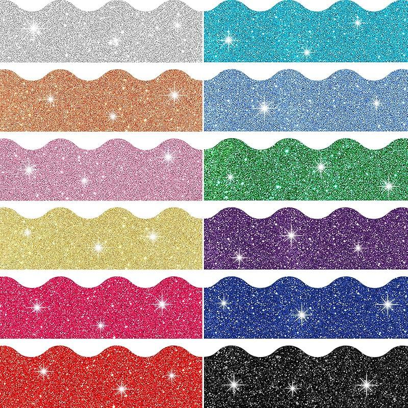 Geyee 120 Pieces Glitter Bulletin Board Border Scalloped Border Trim Shiny Bulletin Poster Decoration Colorful Glitter Paper for School Classroom