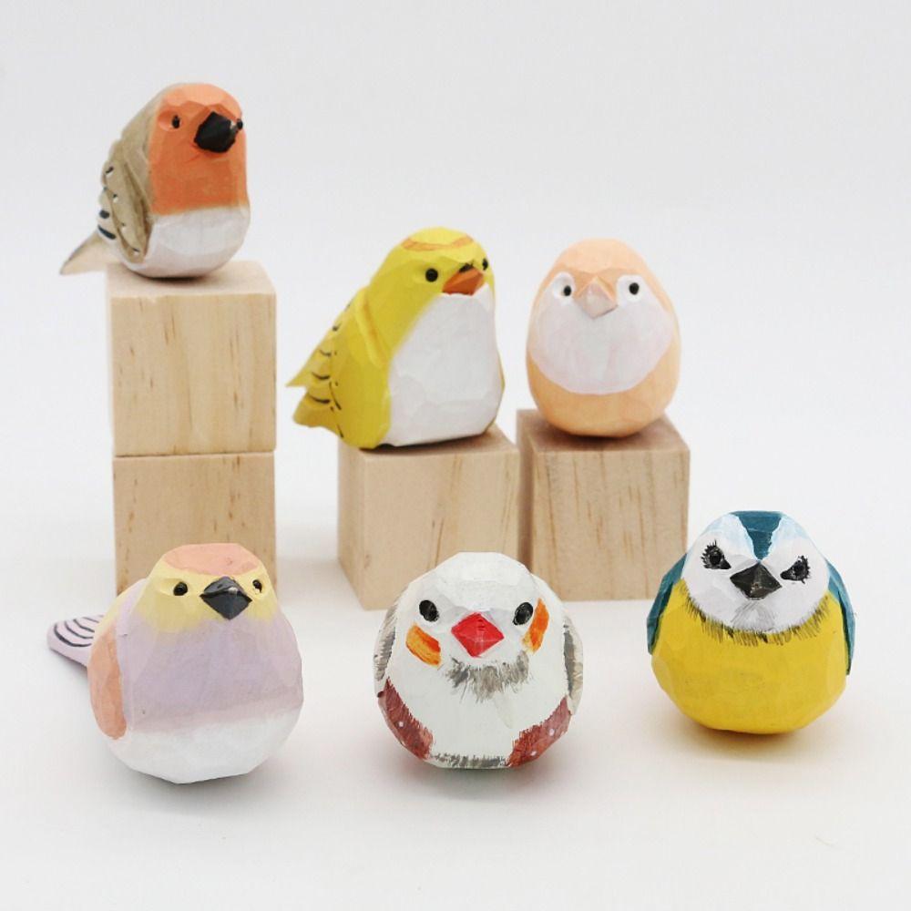 Cute Wood Carving Bird Handmade Wooden Bird Figurine Multi-style Small Bird Ornament  Birthday Gift