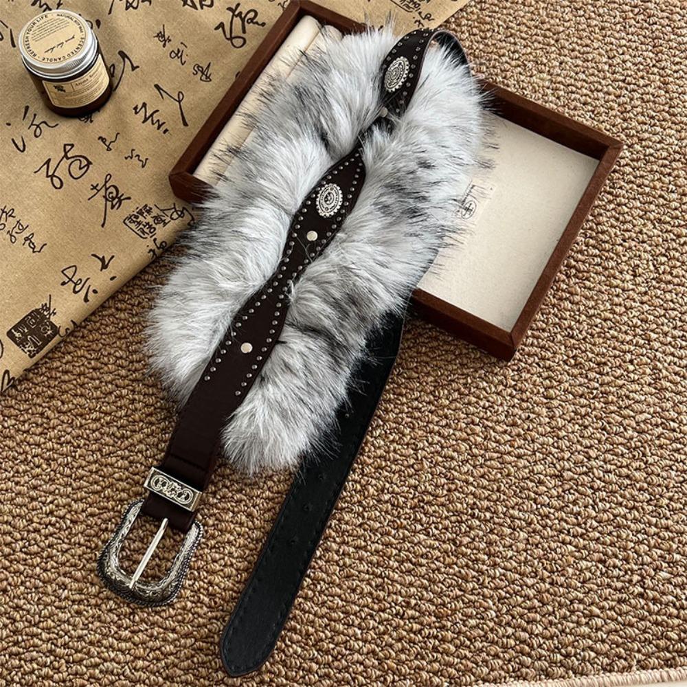 Retro Leather Fur Belt Spicy Girl Style Y2K Plush Waist Belt Fashion Furry Waistband  Daily