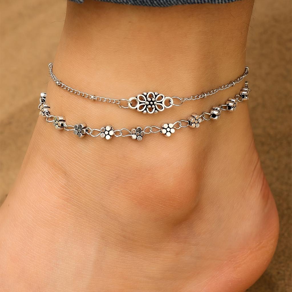 Bohemian Retro-style Zinc Alloy Multi-layer Flower Anklet for Women, Fashionable Jewelry Suitable for Vacation and Gift Giving