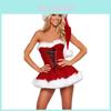 Elegantní červený samet Sexy dámský vánoční maškarní kostým Oblečení Santa Clause Klobouk