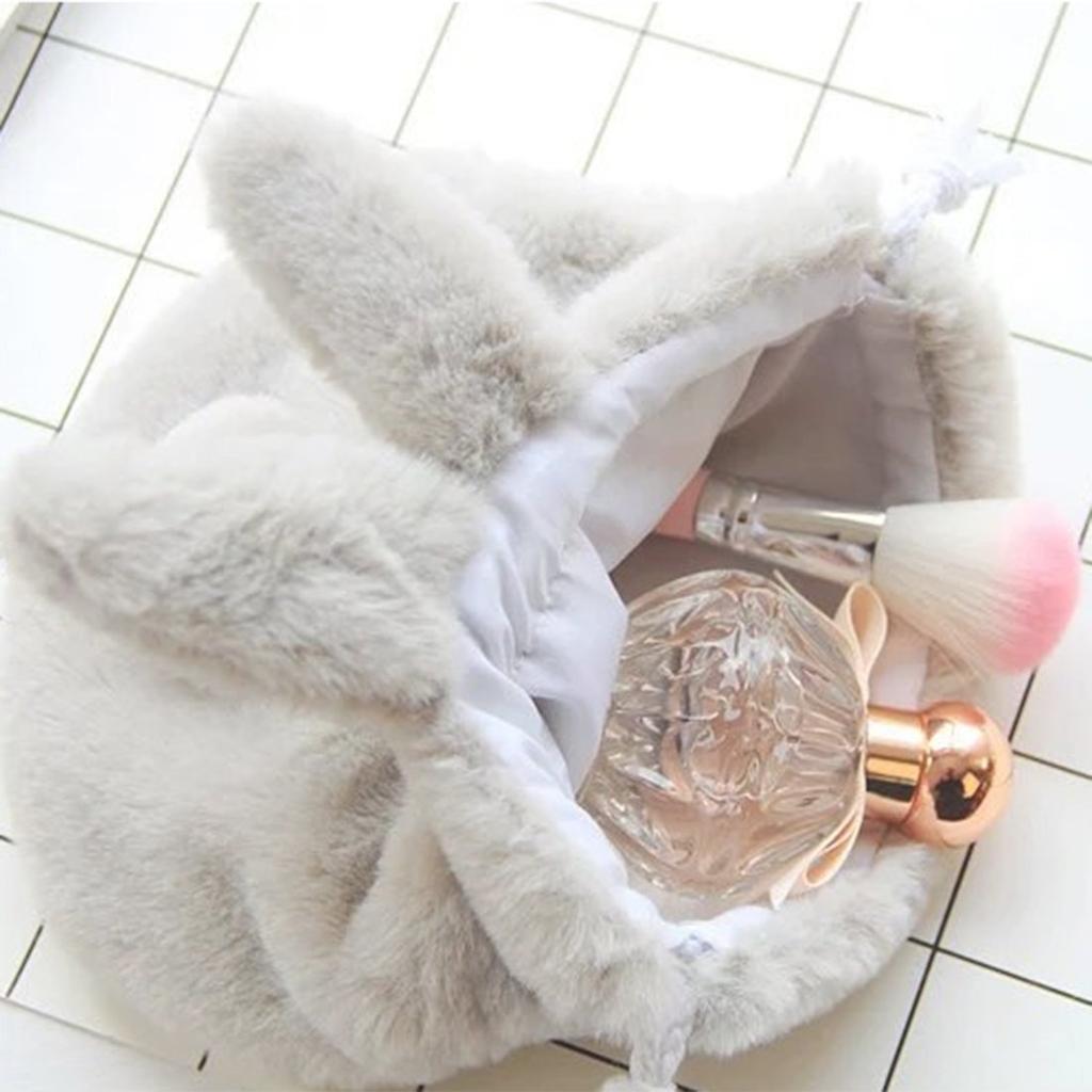 Kingsie Fluffy Rabbit Makeup Drawstring Bag for Cosmetics and Travel Pouch, (Gray)
