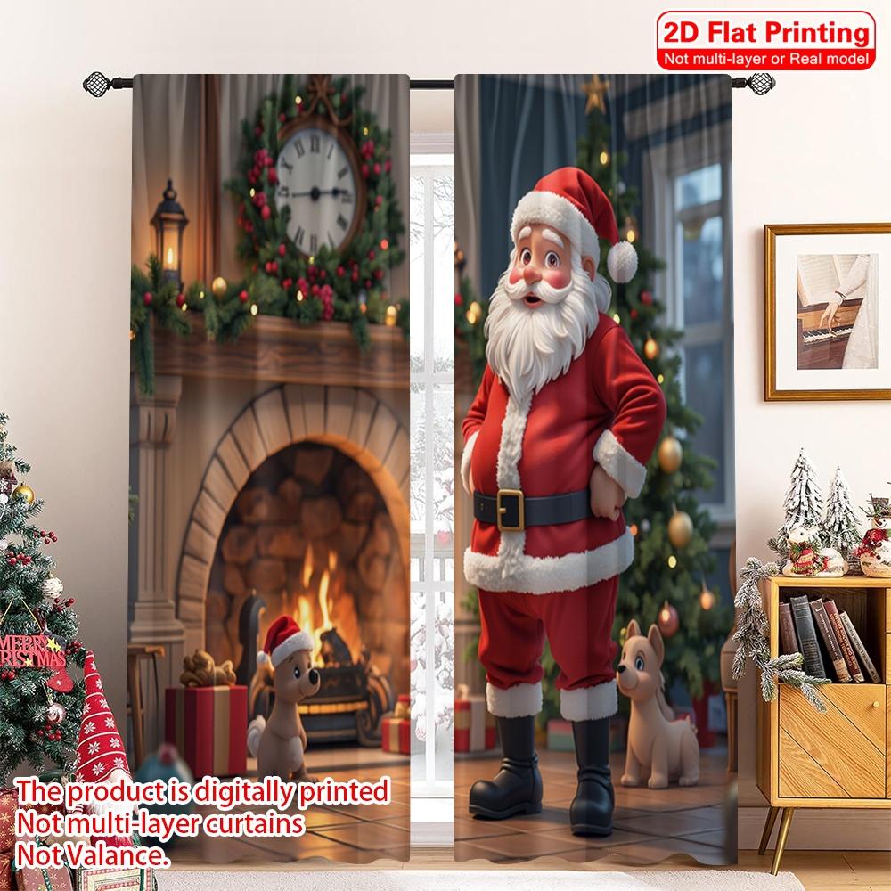 2pcs 2D flat printing Merry Christmas Scene Curtains Santa Claus Christmas Stocking Fireplace Fabric Without Electricity 0 for