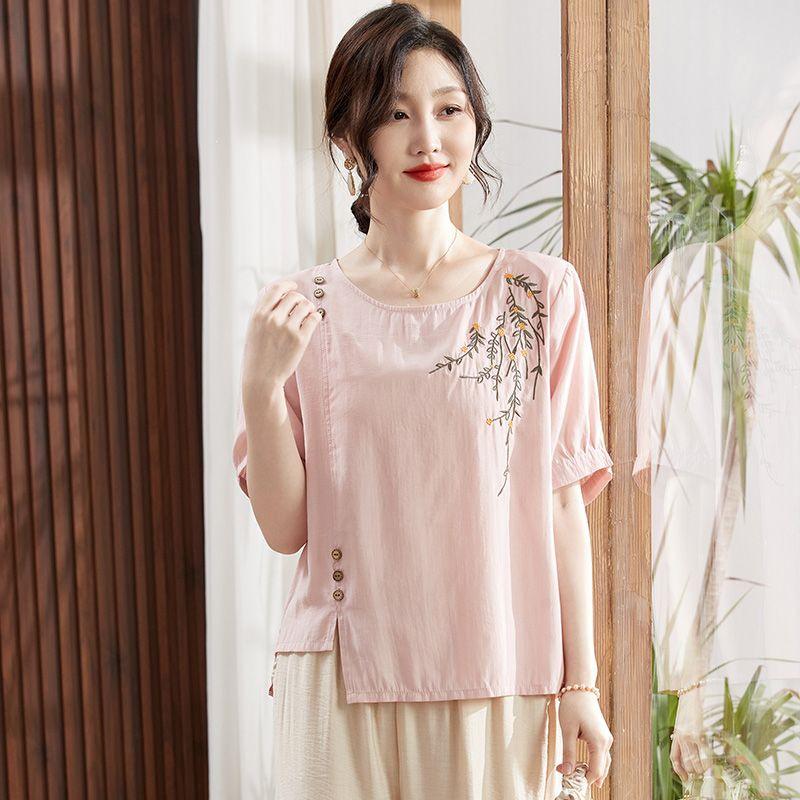 

Middle-aged Women s Casual Summer Sports Set: Stylish Chinese-Style Short-Sleeved Top L (under 105 jin)