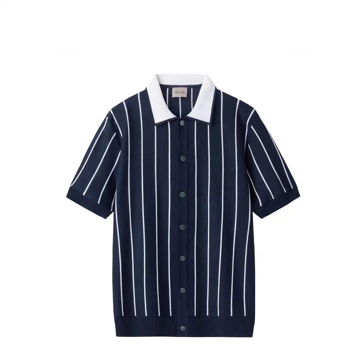 

2025 Летняя Тонкая Свободная Футболка с Половинным Рукавом Ретро Японский Стиль Футболка Поло Ледяной Шелк Вертикальная Полосатая Рубашка Мужская с Коротким Рукавом 3XL темно-синий