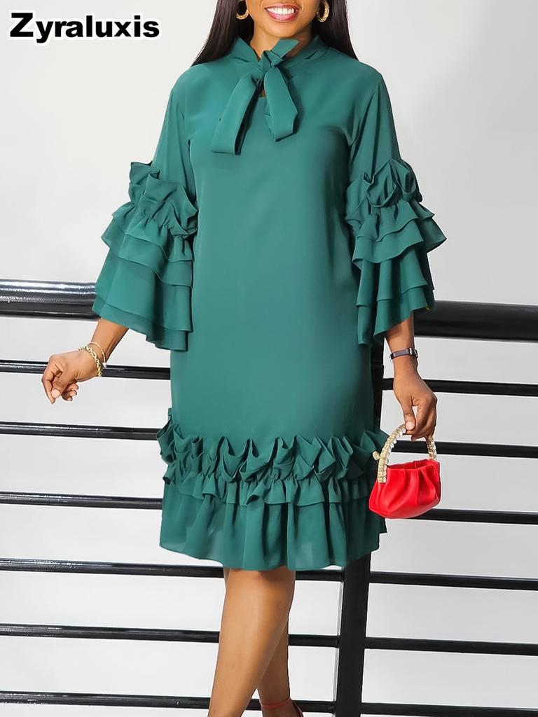 Sommer Herbst Neue Mode Lässiger Stil Rüschen Glockenärmel Übergröße Kleid
