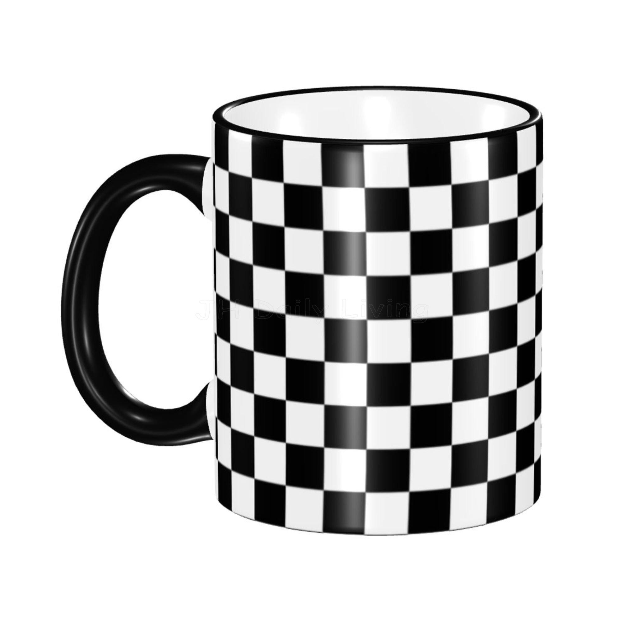 Kaffeetassen mit schwarz-weißem Rennkaromuster, 312 ml, weiße Keramiktasse, Café-Tee-Milch-Wassertasse, kreatives Geburtstagsgeschenk 301-400ml