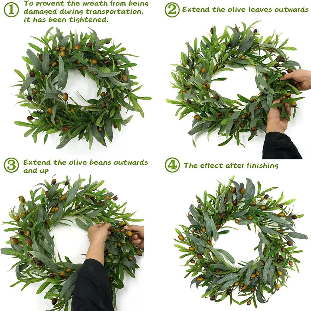 20 Inches Artificial Green Olive Wreath With Olive Leaves,  For Front Door Indoor Outdoor Home Wall Window Festival Wedding Decor