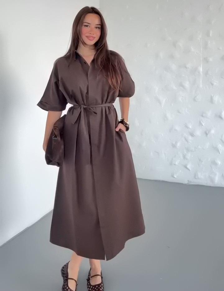 

2025 European & American Women s Short-Sleeve Button Tie Waist-Slimming Dress XXL каштановий