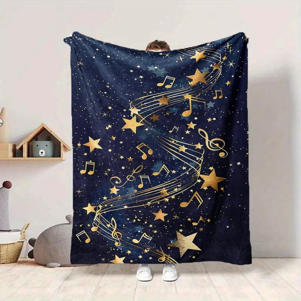 1pc Music Stars Print Blanket - Lightweight Flannel Throw Blanket For Sofa, Bed, Living Room, Office, Outdoor Travel, Camping, Soft All-Season Throw