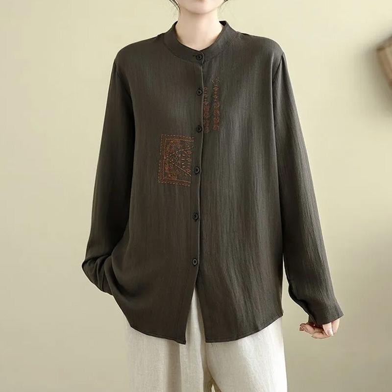 

Женская рубашка с длинными рукавами, осенне-зимняя, хлопковая блузка, оверсайз, удобная, стрейчевая, с вышивкой, с круглым вырезом, свободный топ XXXL кофейный