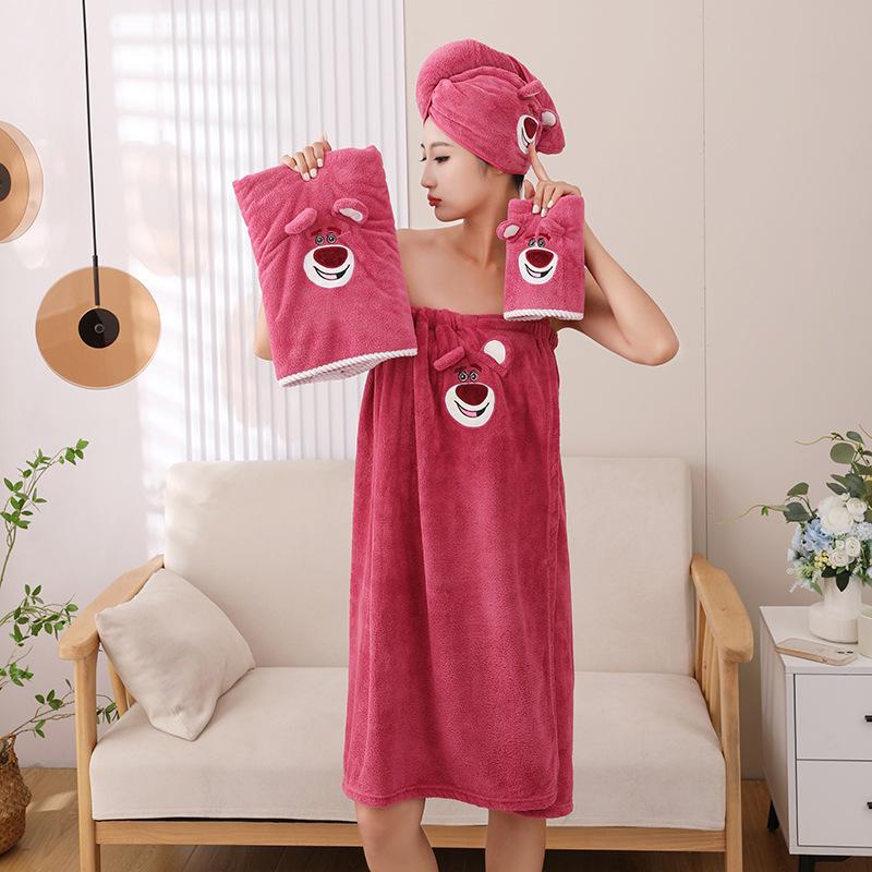 Strawberry Bear Coral Fleece Bath Set: Towel, Bathrobe, Hair Drying Cap - Soft & Absorbent.