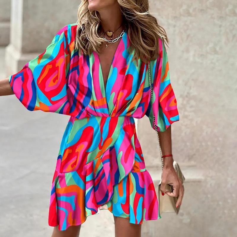 Women's Fashion Summer Spring Solid Color Print 3/4 Sleeves V-Neck High Waist Casual Dresses