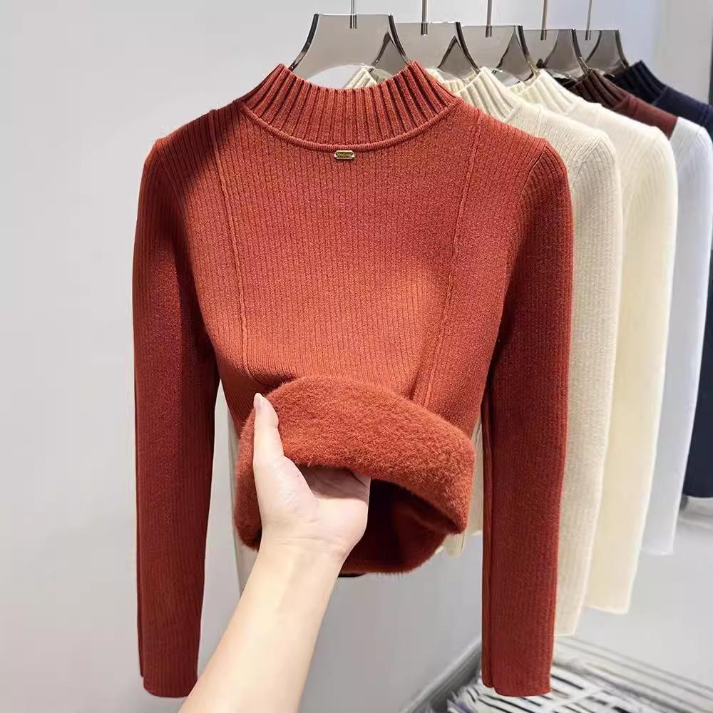 One Piece Velvet Sweater Women's Inner Layer Plus Thick Velvet Casual Knit Sweater,solid Color Semi High Neck Pullover