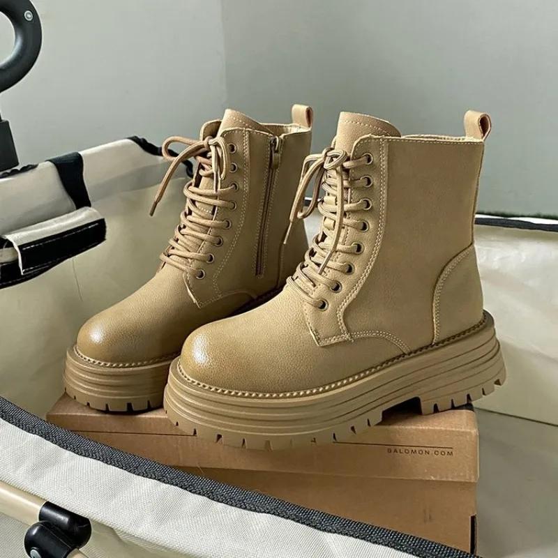 Fashion Shoes for Women 2024 New High-quality Lace Up Women's Boots English Ankle Thick Sole Solid Color Outdoor Daily Women's Boots