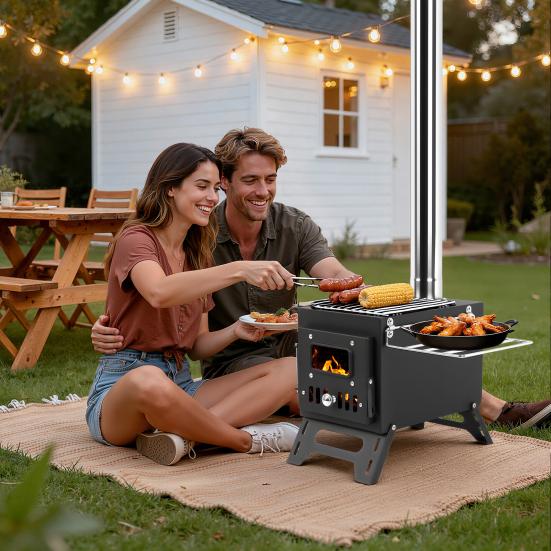 Wood Burning Stove with 5 Pipes Accessories, Large Firebox Heating Cooking Hot Tent Stove, Portable Stainless Steel Stove for Outdoor, Camping,