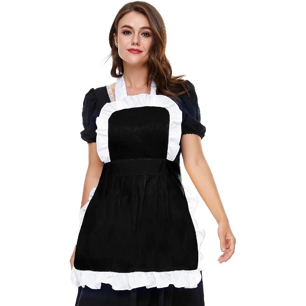 Women's Ruffle Outline Retro Apron Kitchen Cake Baking Cooking Cleaning Maid Costume (White)