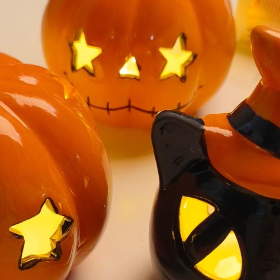 Halloween Ceramic Cat Pumpkin Figurine Carved Cat Pumpkin Tabletop Tealight Candle Holder for Indoor Home Party Decor