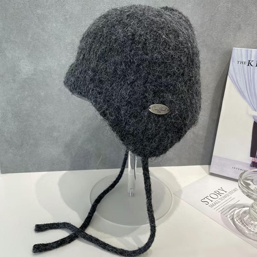 Rabbit Fur Earflap Hat Solid Color Beanie Hat Casual Knit Cap  Winter